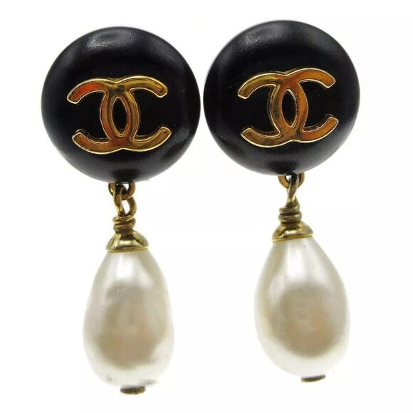 Chanel Artificial Pearl Dangle Earrings Clip-On Black Gold 94P 99580 - Picture 1 of 6